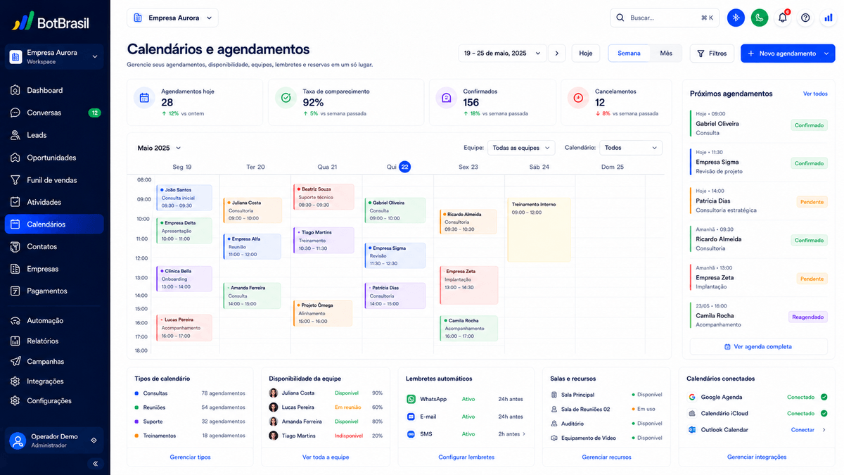 Calendário de agendamento online da BotBrasil com horários disponíveis e confirmação automática — BotBrasil para clínicas de estética
