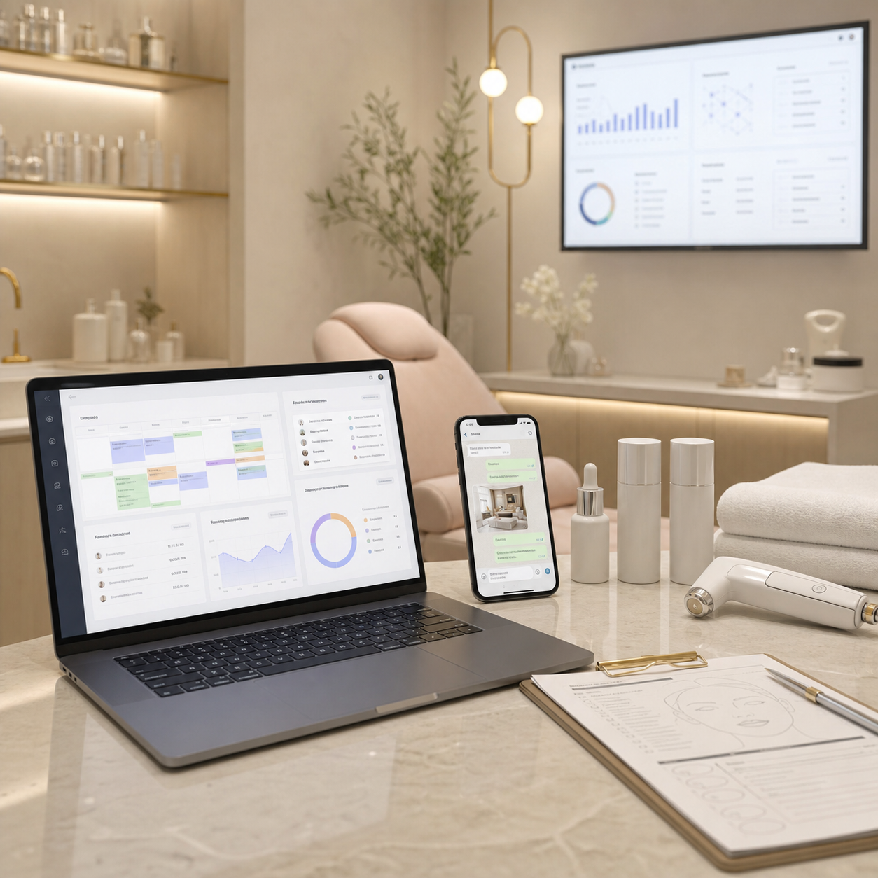 Clínica de estética com dashboard de agenda, produtos e mensagens de WhatsApp