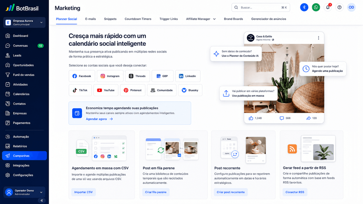 Painel de marketing da BotBrasil com gestão de redes sociais, campanhas e relatórios de conversão — BotBrasil para clínicas de estética