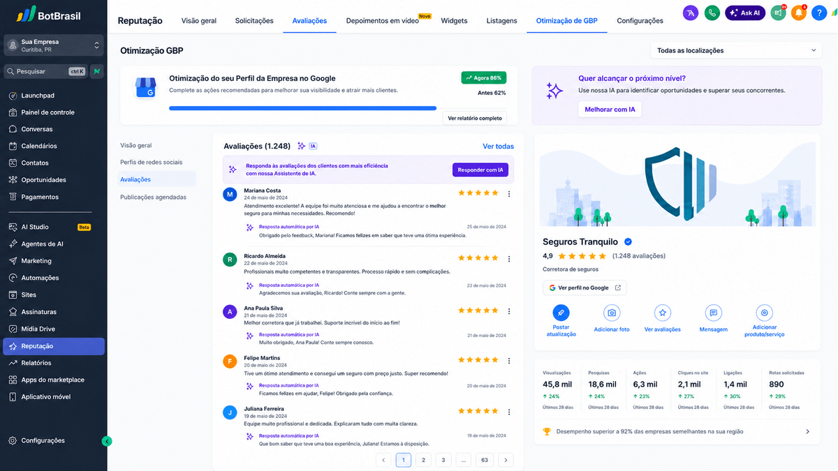 Painel de reputação online da BotBrasil com avaliações do Google, NPS e respostas automáticas — BotBrasil para clínicas de estética